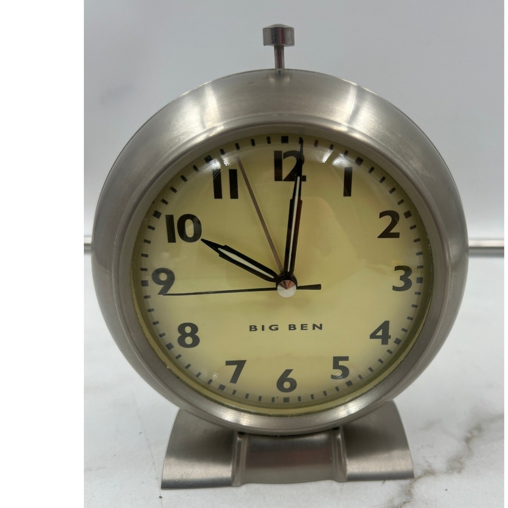 Big Ben Alarm Clock Brushed Silver Metal Round Battery Operated Cream Dial